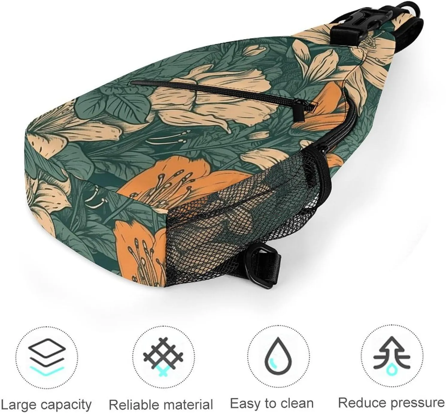 Sling Bag for Women Men Chest Bag Green Orange Flowers Daypack Fanny Pack Cross Body Bag for Traveling
