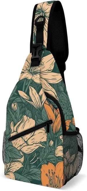 Sling Bag for Women Men Chest Bag Green Orange Flowers Daypack Fanny Pack Cross Body Bag for Traveling