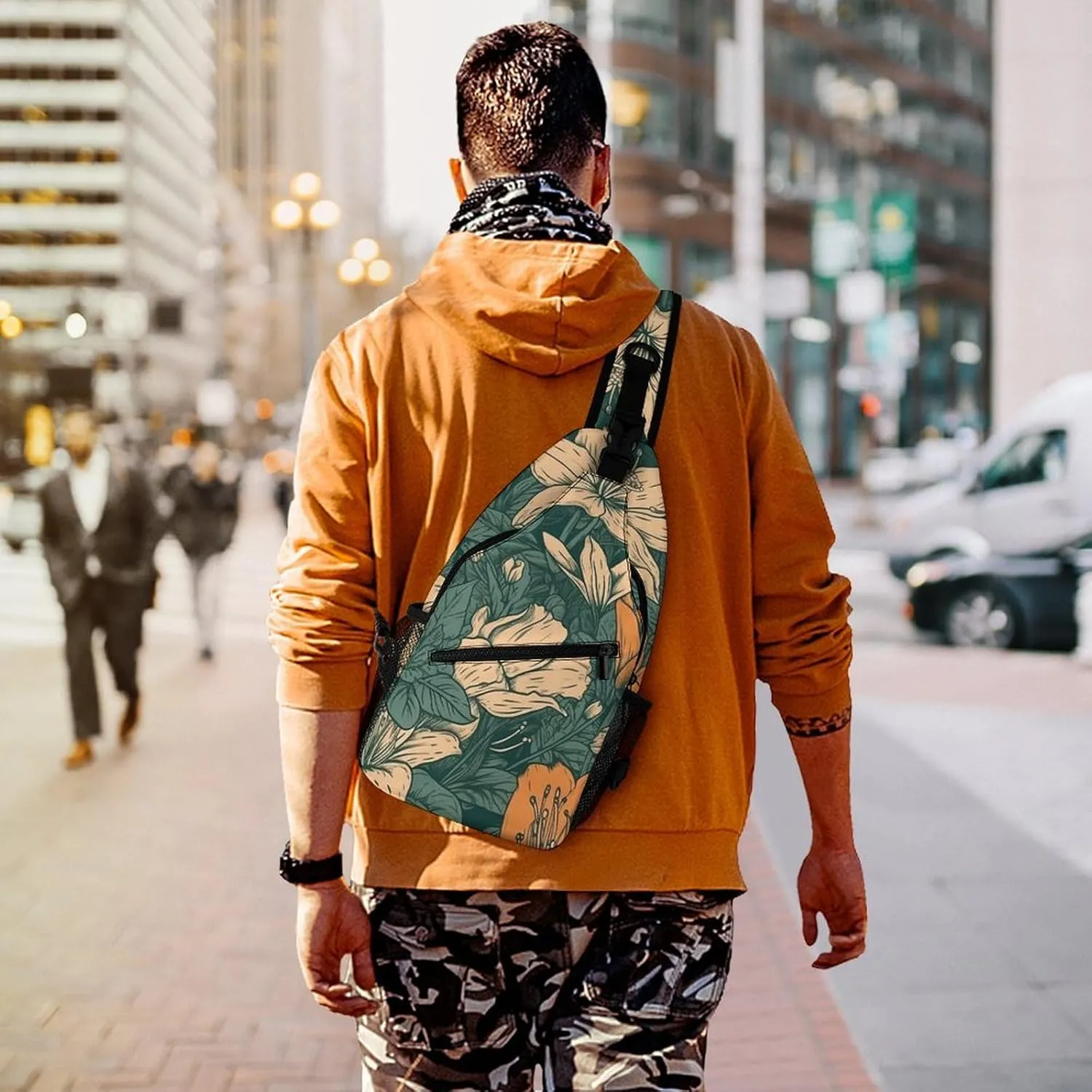 Sling Bag for Women Men Chest Bag Green Orange Flowers Daypack Fanny Pack Cross Body Bag for Traveling