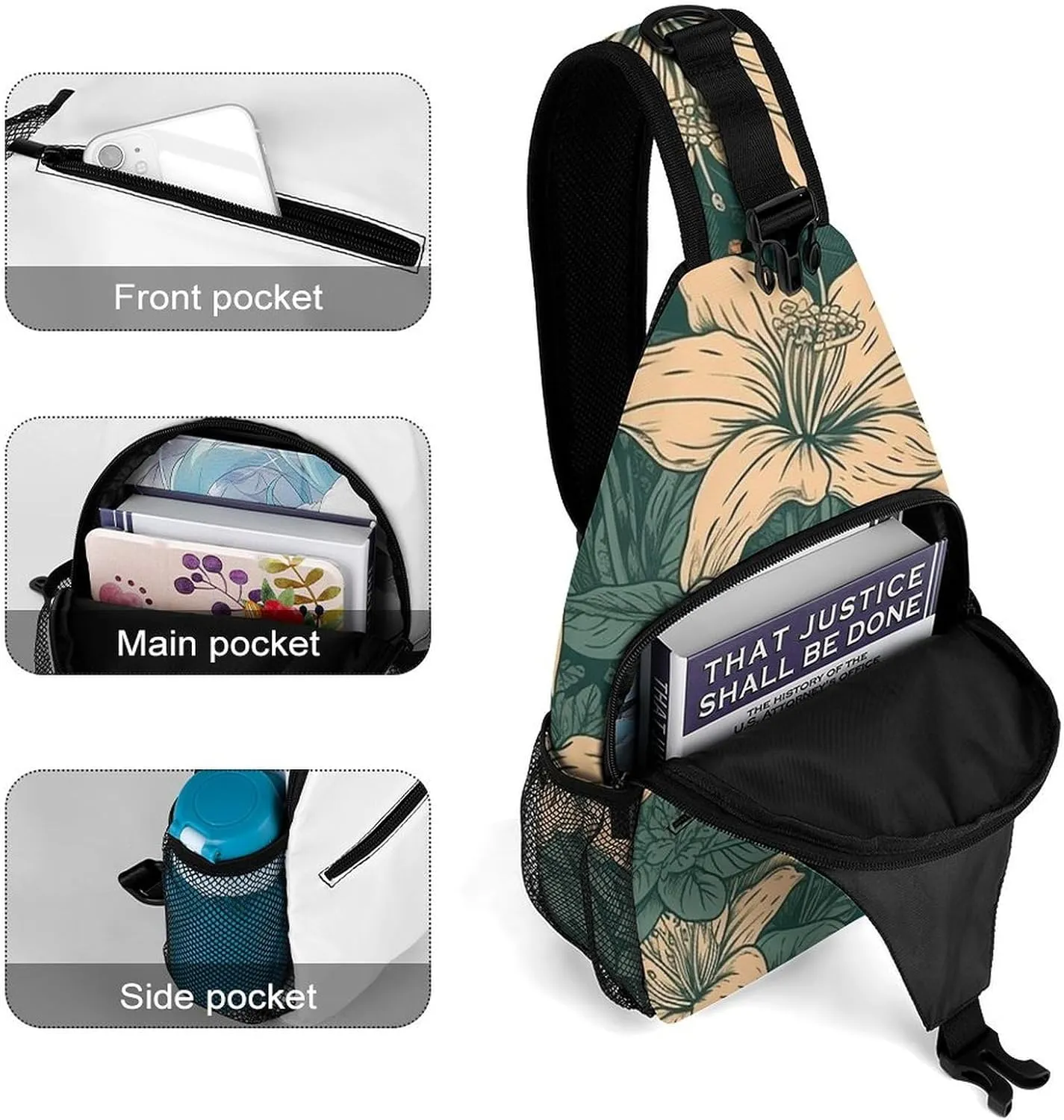 Sling Bag for Women Men Chest Bag Green Orange Flowers Daypack Fanny Pack Cross Body Bag for Traveling
