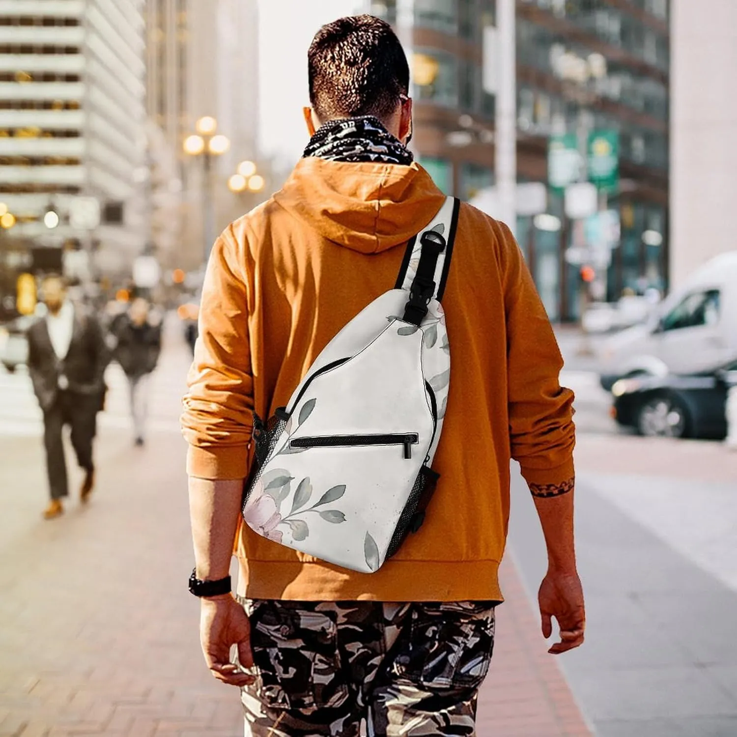 Sling Bag for Women Men Chest Bag Light Gray Flowers Daypack Fanny Pack Cross Body Bag for Traveling