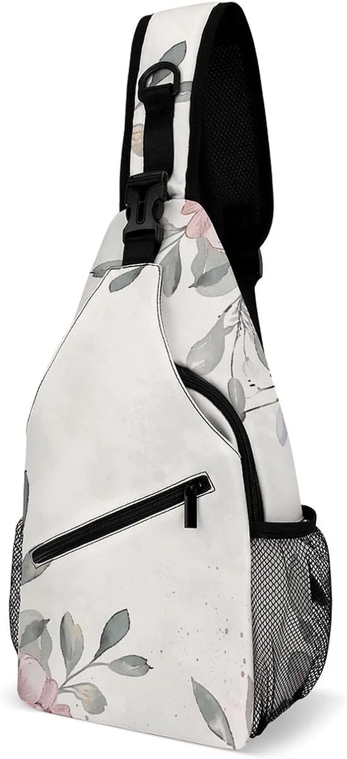 Sling Bag for Women Men Chest Bag Light Gray Flowers Daypack Fanny Pack Cross Body Bag for Traveling