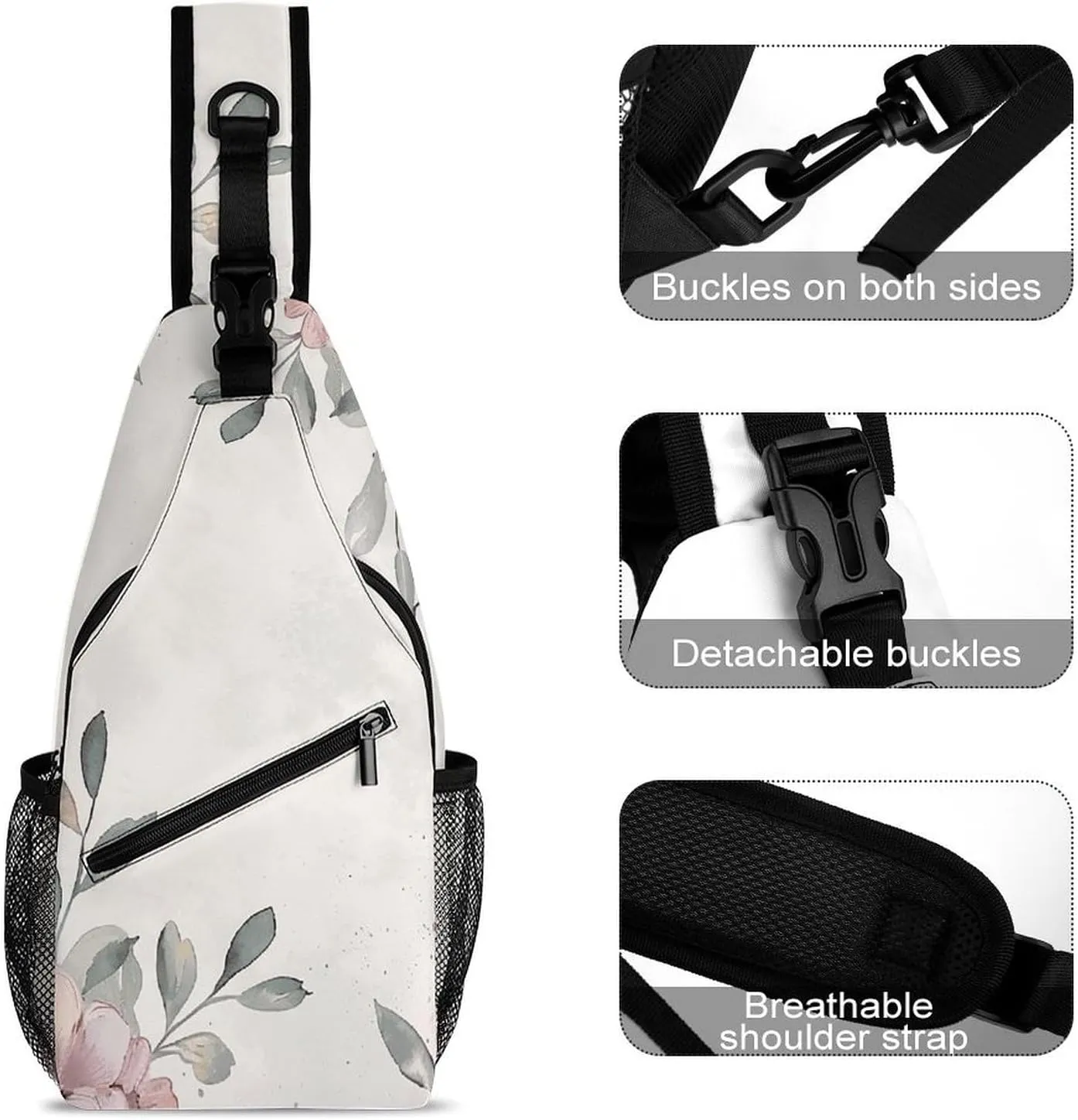Sling Bag for Women Men Chest Bag Light Gray Flowers Daypack Fanny Pack Cross Body Bag for Traveling