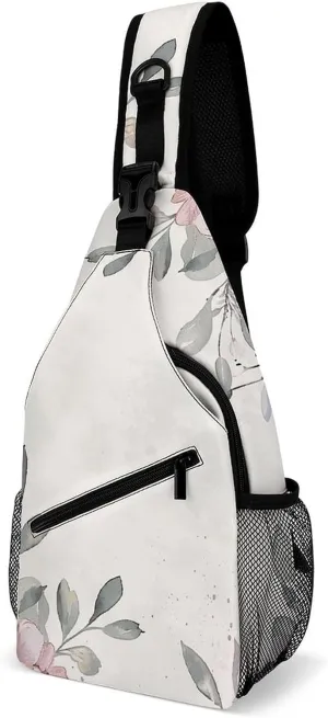 Sling Bag for Women Men Chest Bag Light Gray Flowers Daypack Fanny Pack Cross Body Bag for Traveling