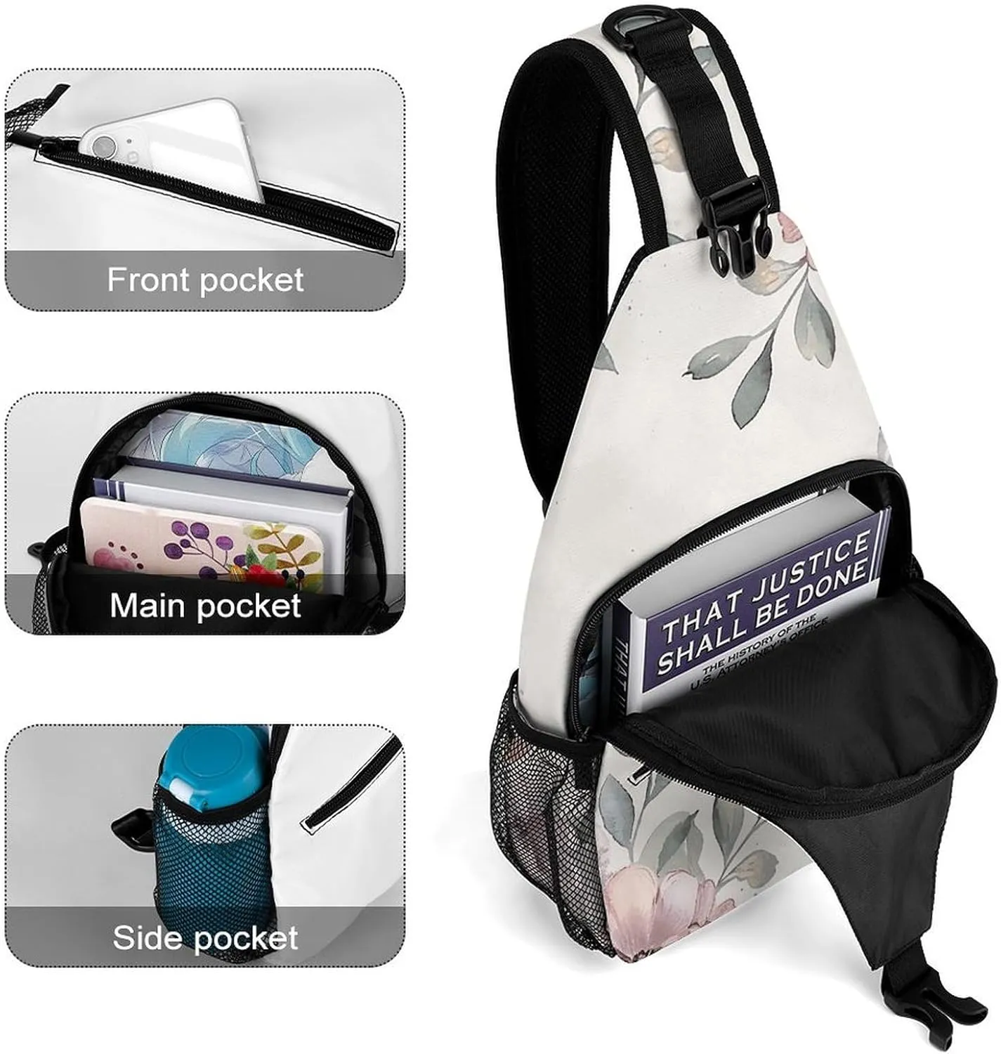 Sling Bag for Women Men Chest Bag Light Gray Flowers Daypack Fanny Pack Cross Body Bag for Traveling