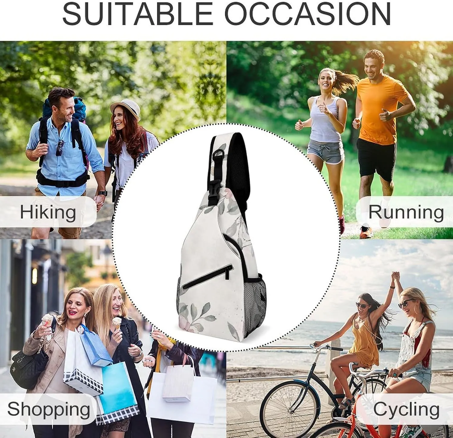 Sling Bag for Women Men Chest Bag Light Gray Flowers Daypack Fanny Pack Cross Body Bag for Traveling