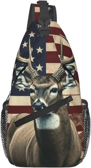 Sling Bag for Women Men Crossbody Bag Sling Backpack Americana Flag Deer Chest Bag Fanny Packs Hiking Daypack