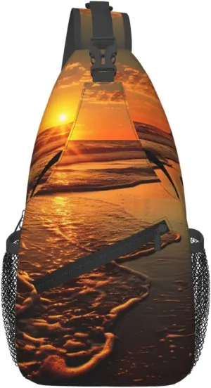 Sling Bag for Women Men Crossbody Bag Sling Backpack Orange Sunrise Beach Chest Bag Fanny Packs Hiking Daypack