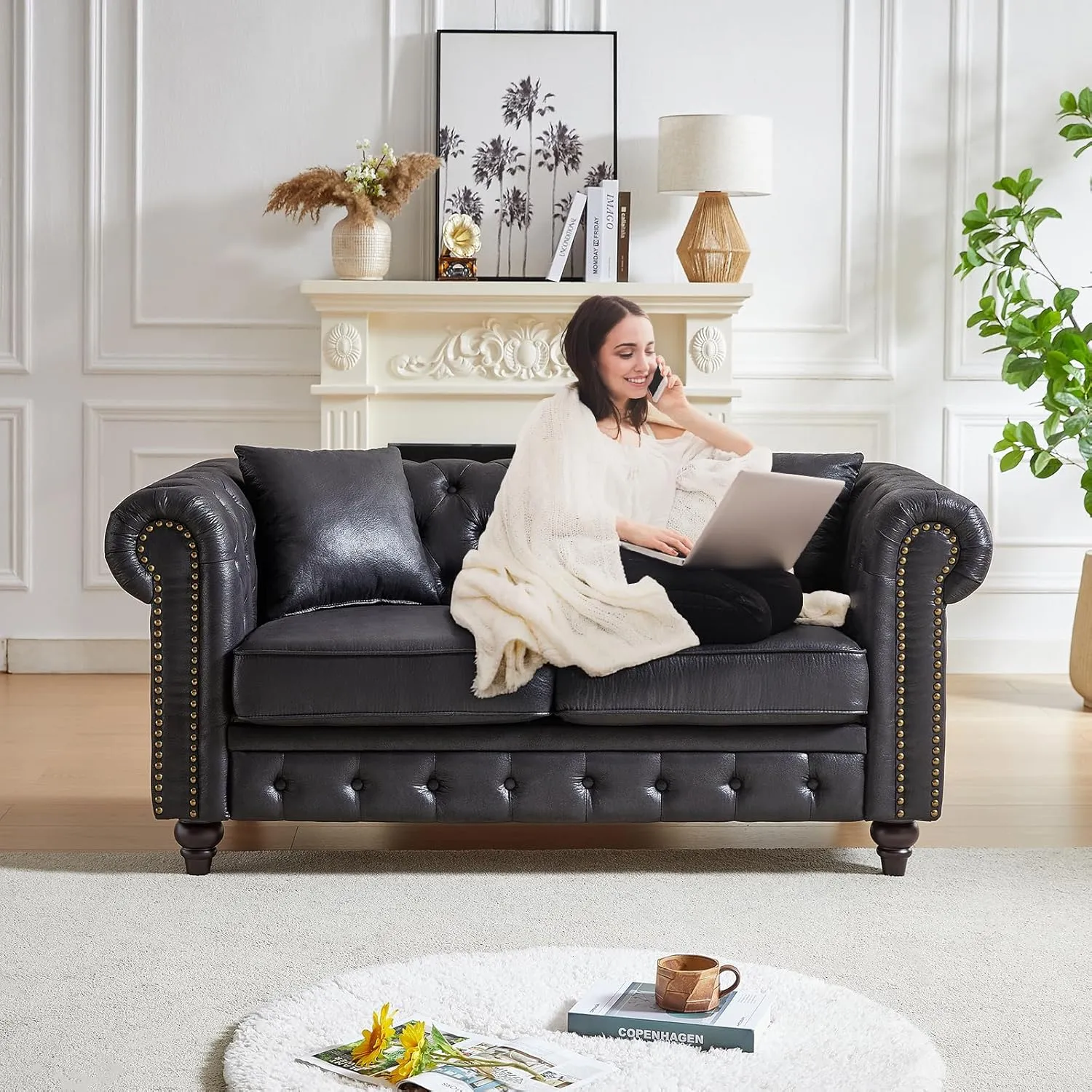 Small Couch,63.5" High-tech Fabric Button Tufted Love Seat Sofa with Nailhead Trim&Roll Armrest,Upholstered Mid Century Modern Couch,Comfy Chesterfield Sofa for Living Room,Small Place(2 Seater,Black)