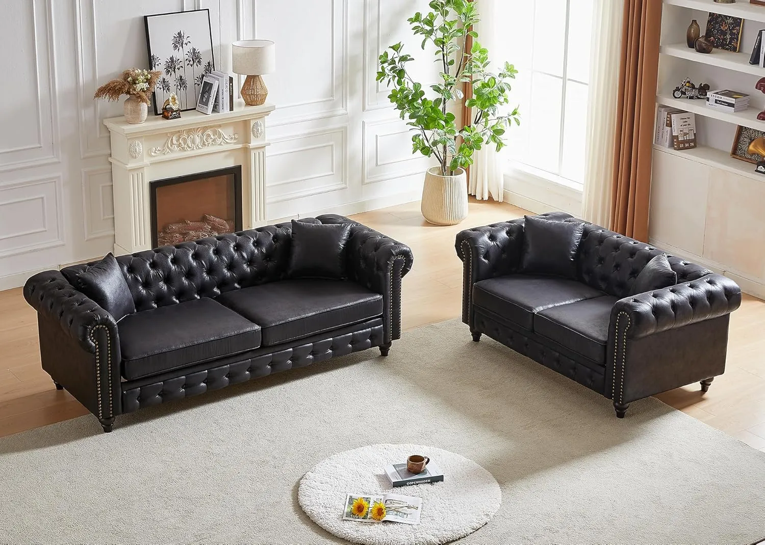 Small Couch,63.5" High-tech Fabric Button Tufted Love Seat Sofa with Nailhead Trim&Roll Armrest,Upholstered Mid Century Modern Couch,Comfy Chesterfield Sofa for Living Room,Small Place(2 Seater,Black)