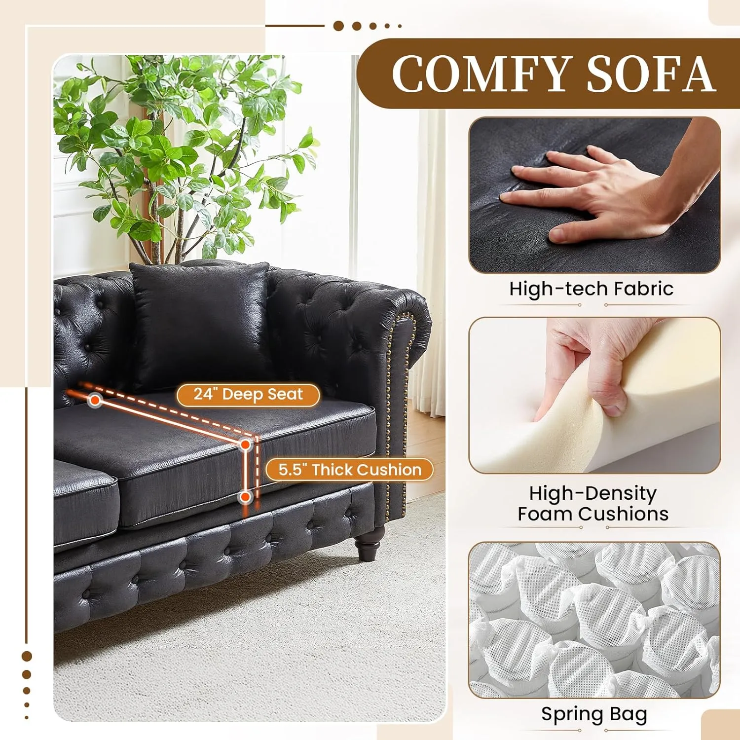 Small Couch,63.5" High-tech Fabric Button Tufted Love Seat Sofa with Nailhead Trim&Roll Armrest,Upholstered Mid Century Modern Couch,Comfy Chesterfield Sofa for Living Room,Small Place(2 Seater,Black)