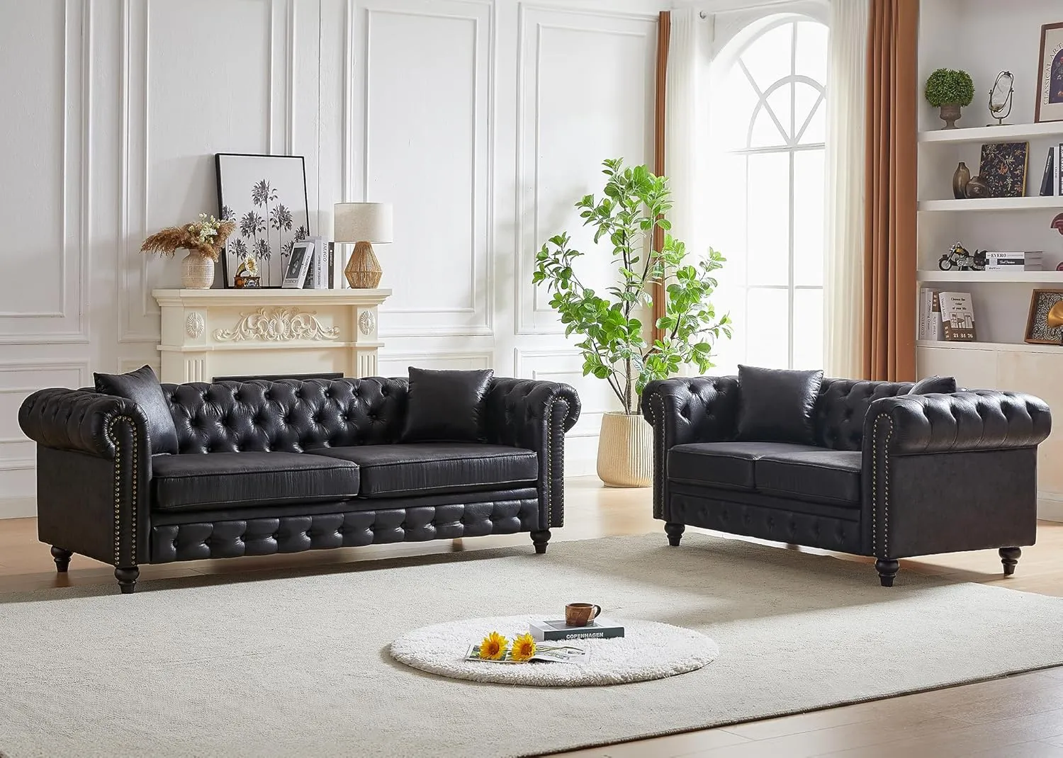 Small Couch,63.5" High-tech Fabric Button Tufted Love Seat Sofa with Nailhead Trim&Roll Armrest,Upholstered Mid Century Modern Couch,Comfy Chesterfield Sofa for Living Room,Small Place(2 Seater,Black)