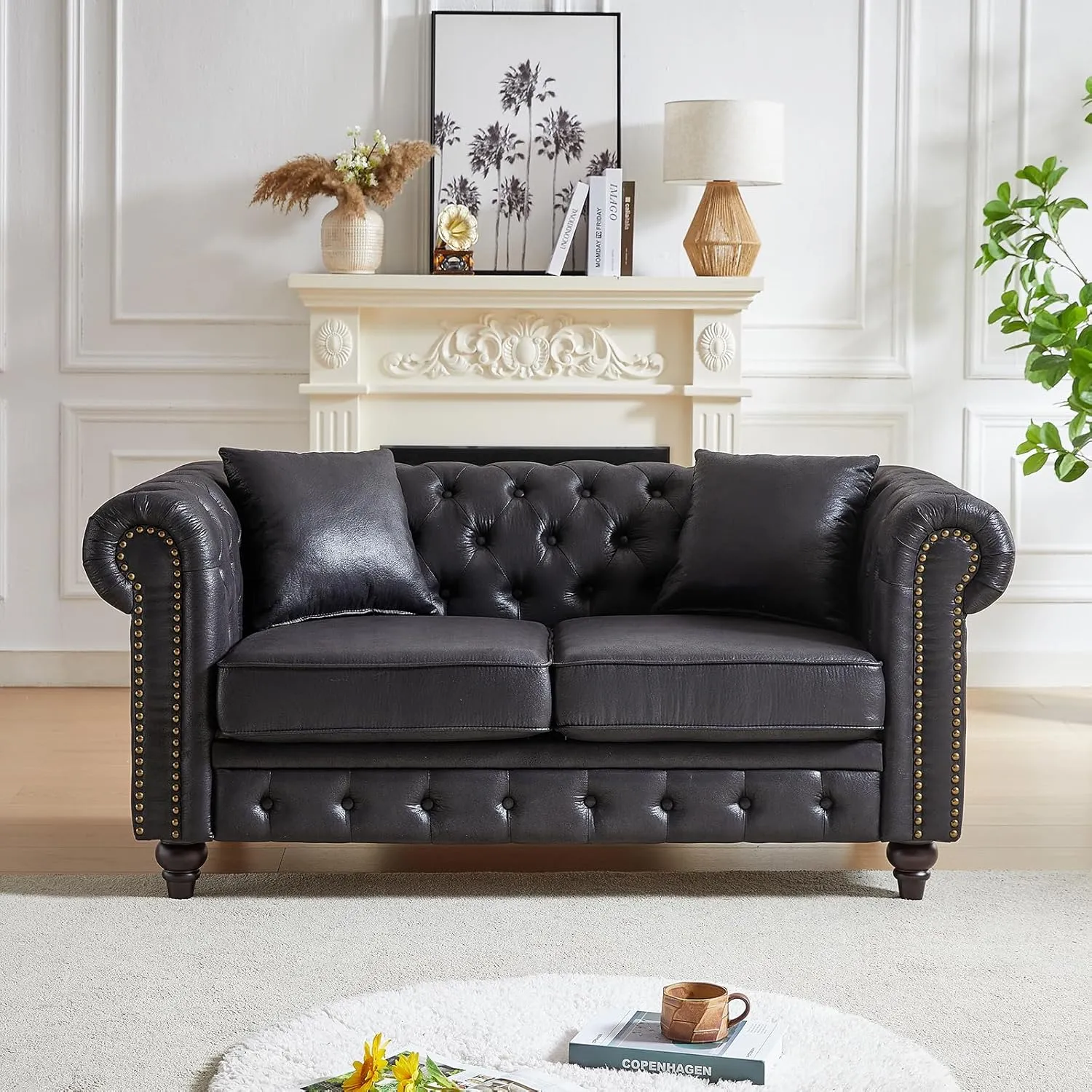 Small Couch,63.5" High-tech Fabric Button Tufted Love Seat Sofa with Nailhead Trim&Roll Armrest,Upholstered Mid Century Modern Couch,Comfy Chesterfield Sofa for Living Room,Small Place(2 Seater,Black)