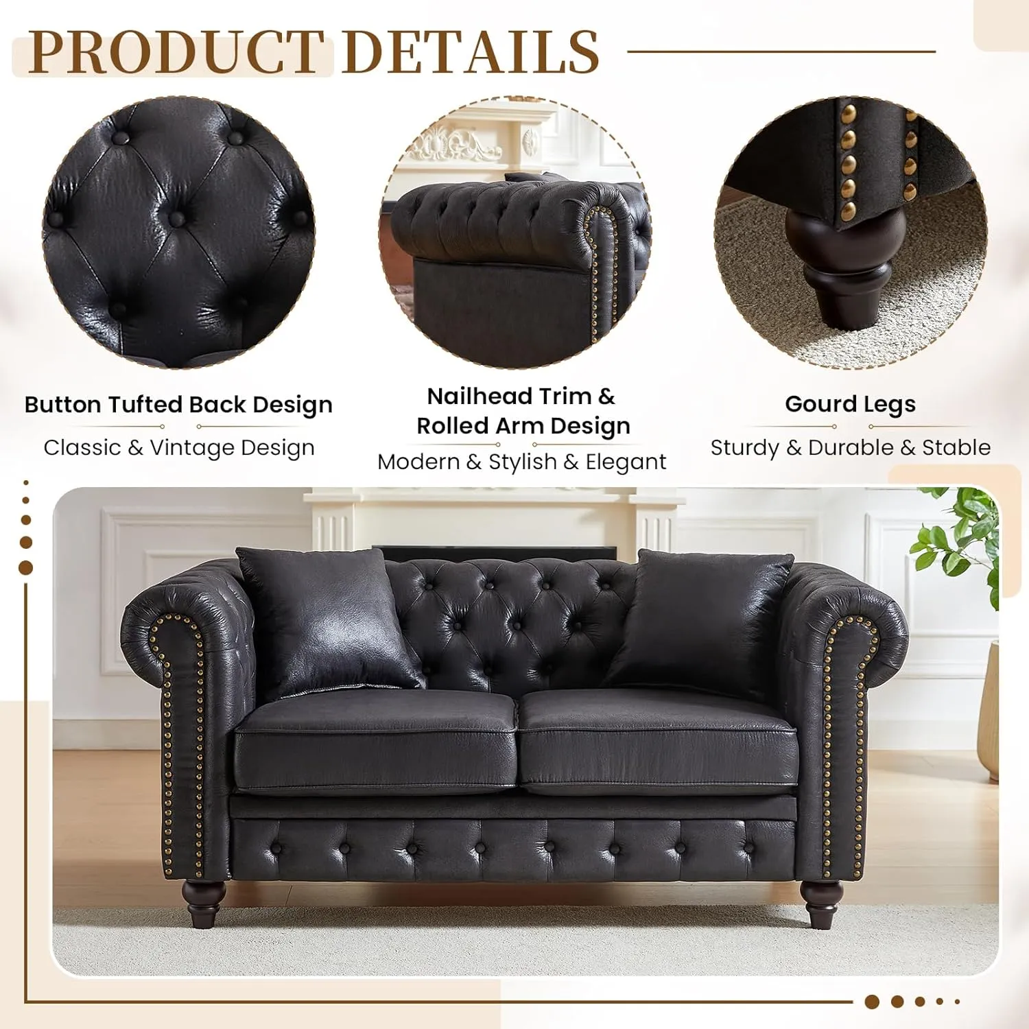 Small Couch,63.5" High-tech Fabric Button Tufted Love Seat Sofa with Nailhead Trim&Roll Armrest,Upholstered Mid Century Modern Couch,Comfy Chesterfield Sofa for Living Room,Small Place(2 Seater,Black)