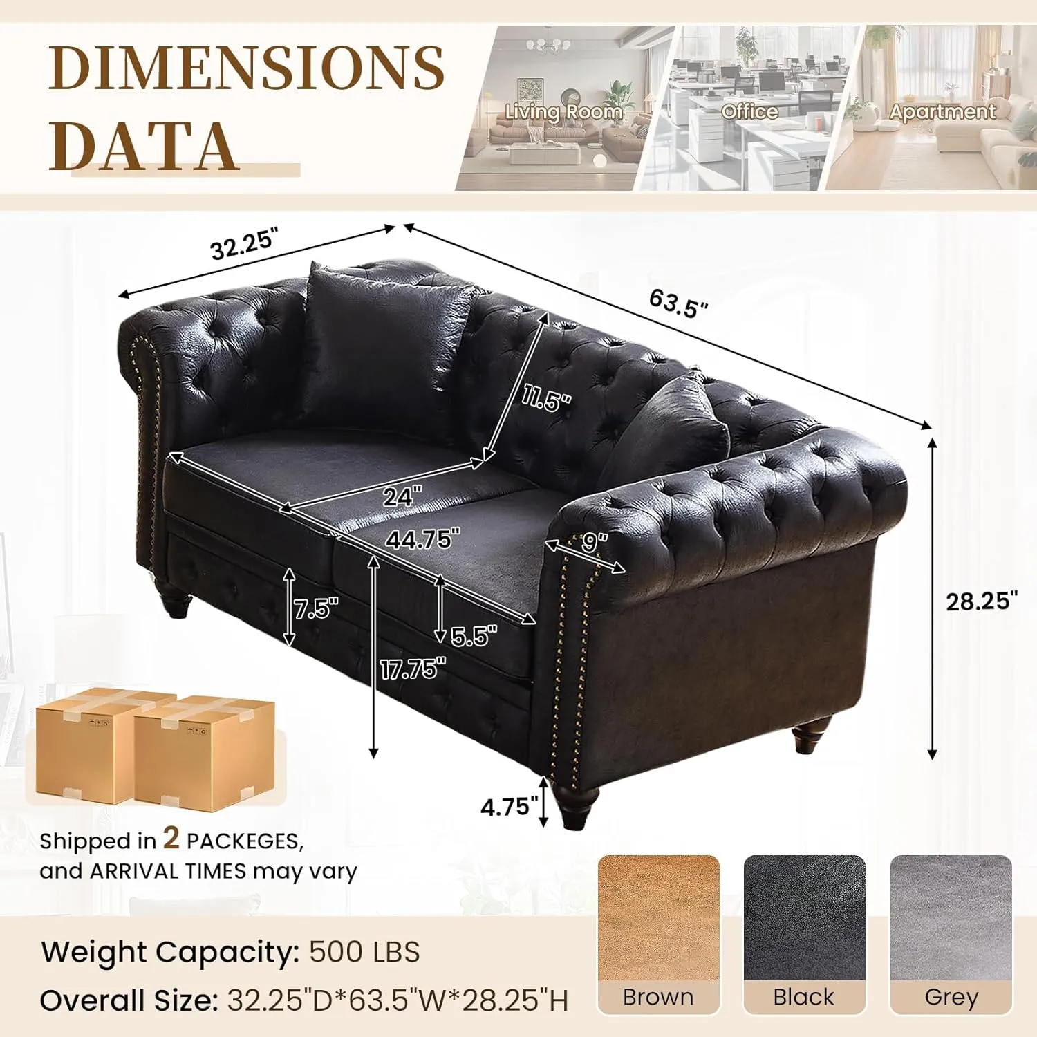 Small Couch,63.5" High-tech Fabric Button Tufted Love Seat Sofa with Nailhead Trim&Roll Armrest,Upholstered Mid Century Modern Couch,Comfy Chesterfield Sofa for Living Room,Small Place(2 Seater,Black)
