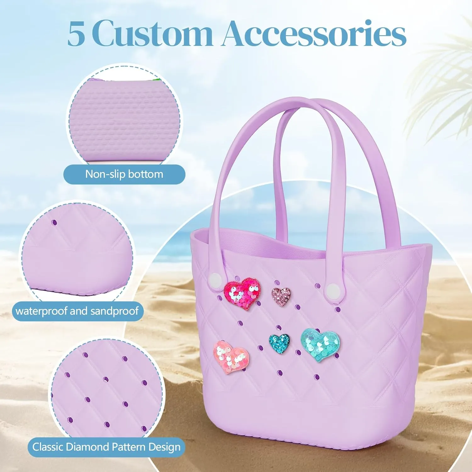 Small Rubber Tote Bag with 5 Charms Cute Beach Tote Small Rubber Bags for Women