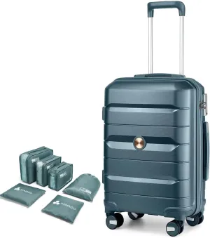 Somago 24 Inch Checked Luggage and Packing Cube Travel Set Hard Shell Lightweight Polypropylene Suitcase with Spinner Wheels TSA Lock,Ice Blue