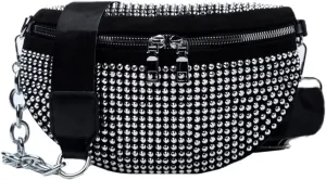 Sparkly Rhinestone Fanny Pack,Leather Waist Packs,Adjustable Belt Bag for Women Club Party Beach Travel (Silver)