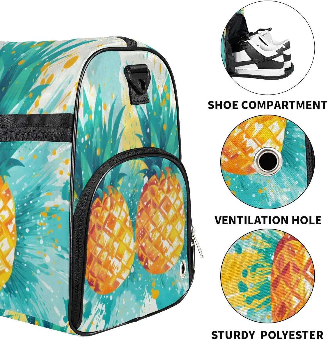 Sport Gym Bag for Women Men with Shoes Compartment & Wet Pocket, Travel Duffel Bag Sport Gym Tote Bags Swimming Yoga Ballet Weekend Overnight Bag Carry on Bag for Airplane (Pineapples 11)