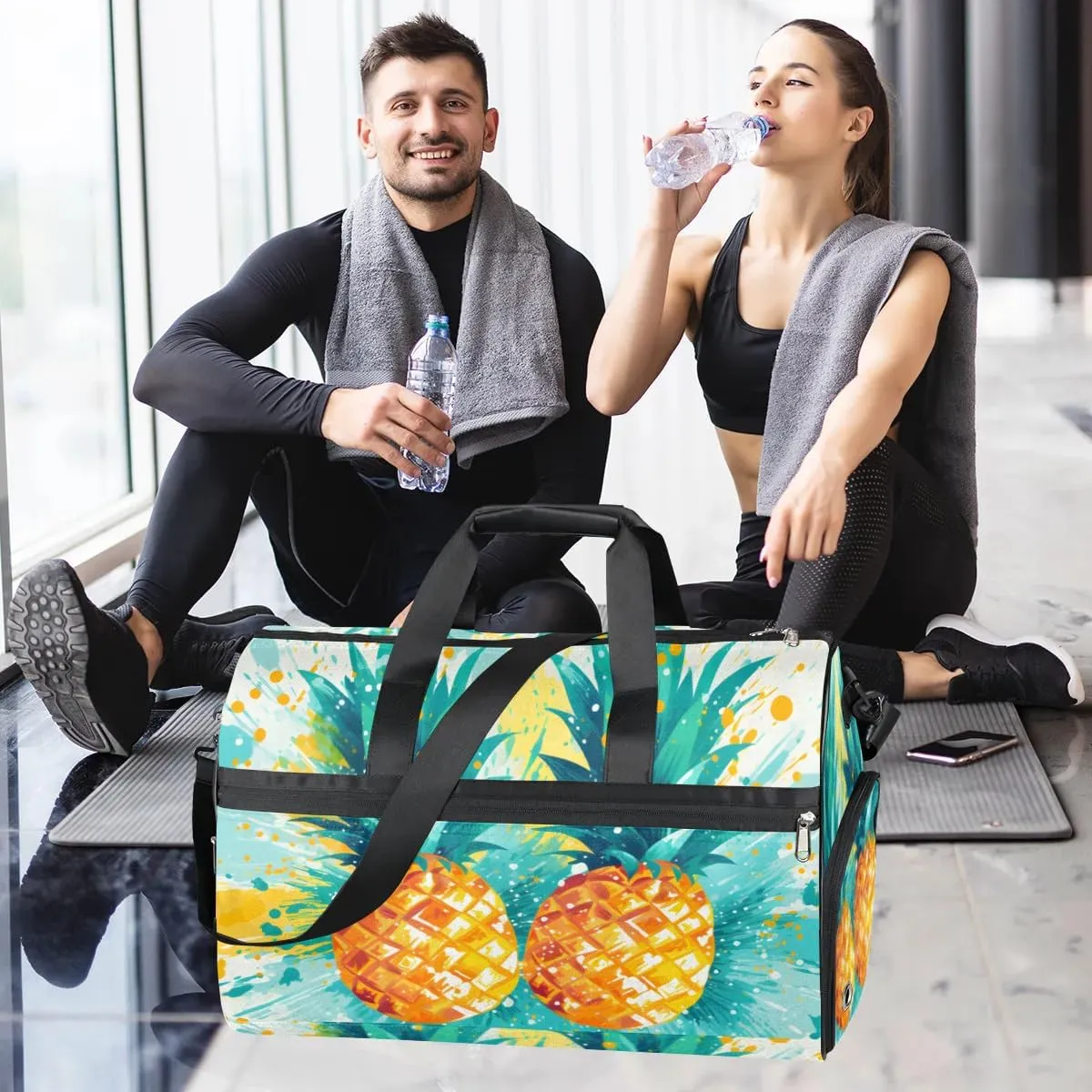 Sport Gym Bag for Women Men with Shoes Compartment & Wet Pocket, Travel Duffel Bag Sport Gym Tote Bags Swimming Yoga Ballet Weekend Overnight Bag Carry on Bag for Airplane (Pineapples 11)