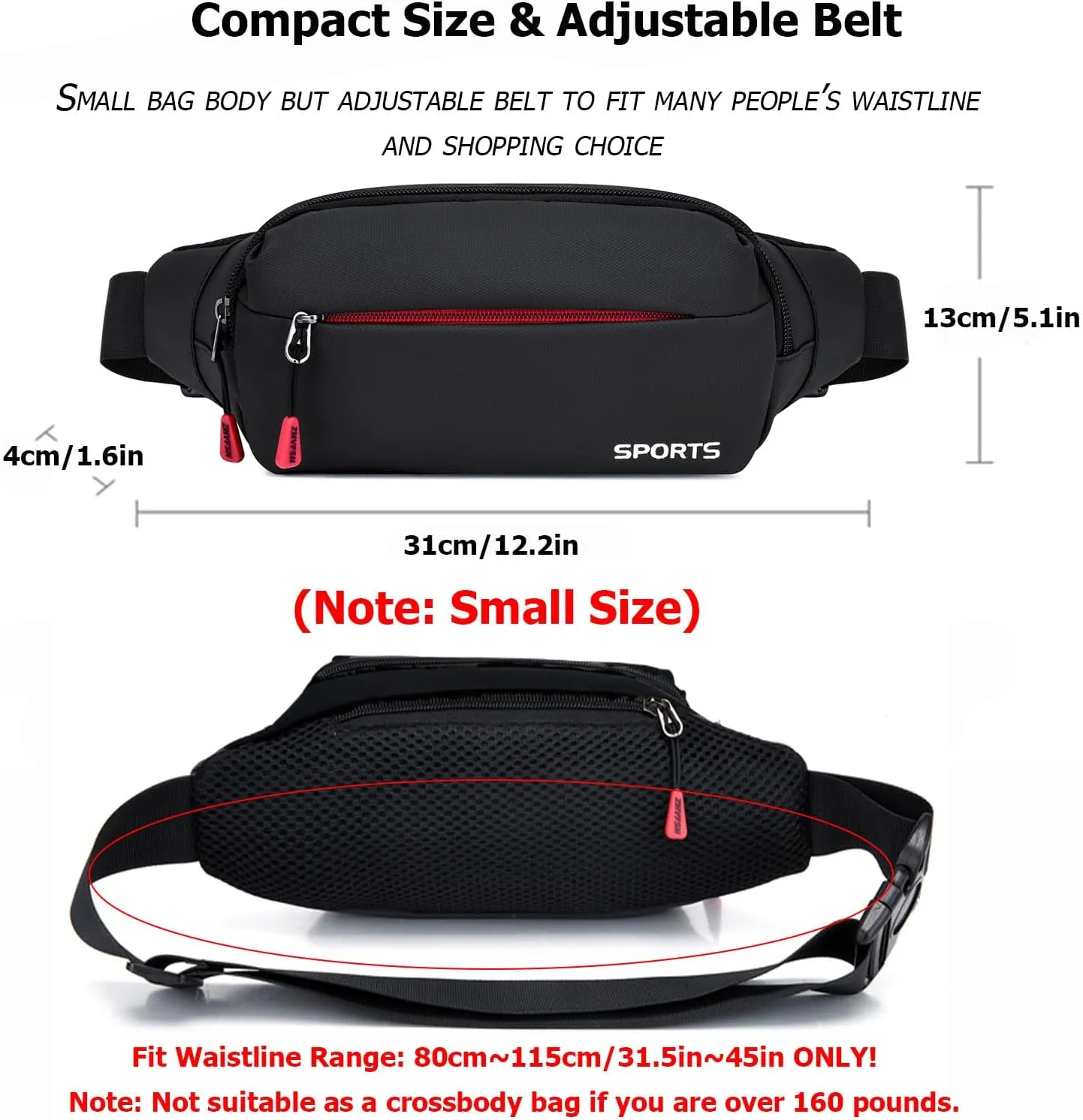 Sports Waist Pack Fanny Pack: Bumbag Beltbag Fannie Pack Waterresistant Adjustable 4-Zipper Pockets for Running Walking Hiking Traveling Biking Outdoor Man Woman Black(Small)