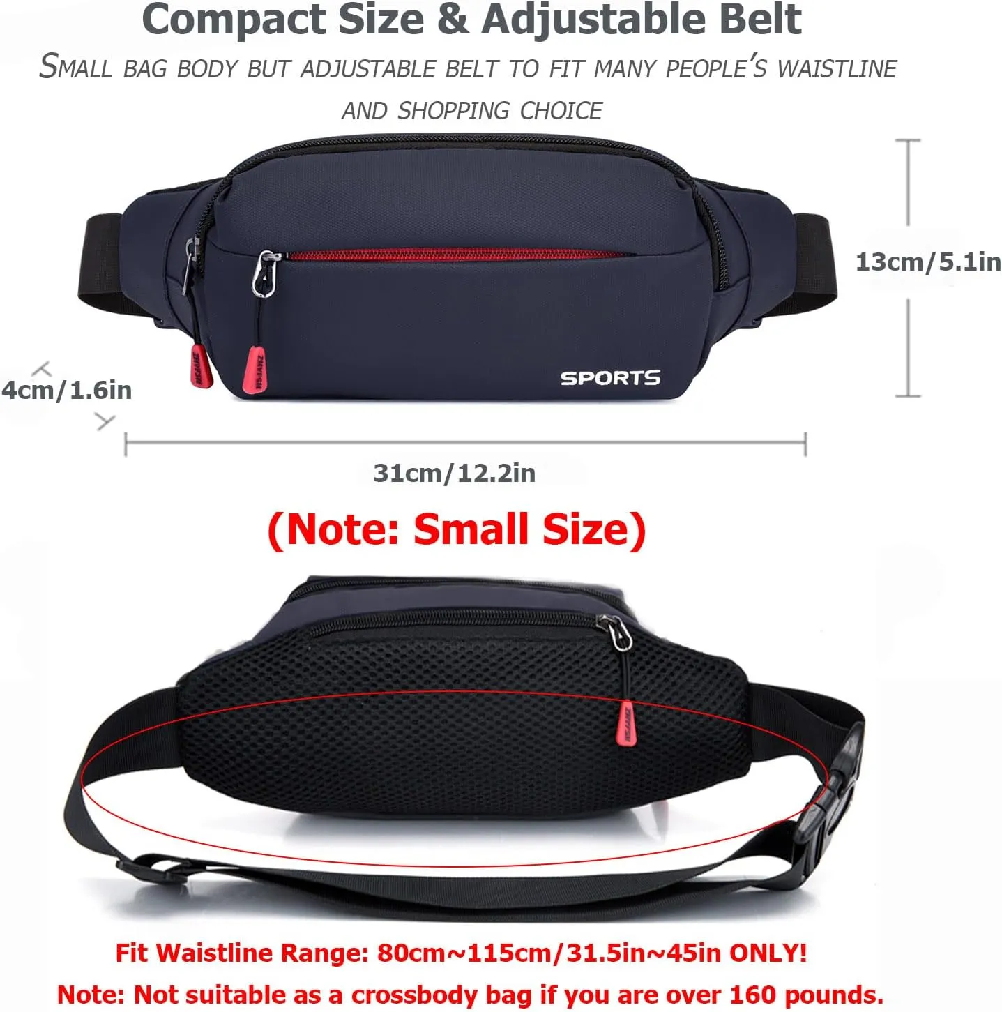 Sports Waist Pack Fanny Pack: Bumbag Beltbag Fannie Pack Waterresistant Adjustable 4-Zipper Pockets for Running Walking Hiking Traveling Biking Outdoor Man Woman Blue(Small)