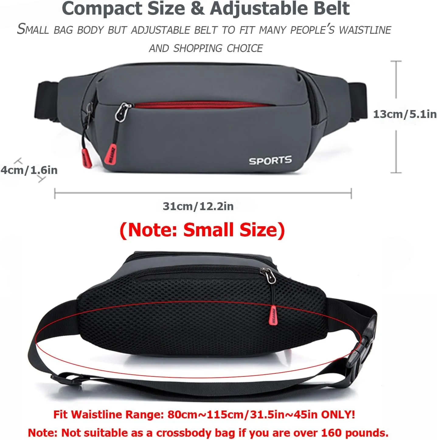 Sports Waist Pack Fanny Pack: Bumbag Beltbag Fannie Pack Waterresistant Adjustable 4-Zipper Pockets for Running Walking Hiking Traveling Biking Outdoor Man Woman Gray(Small)