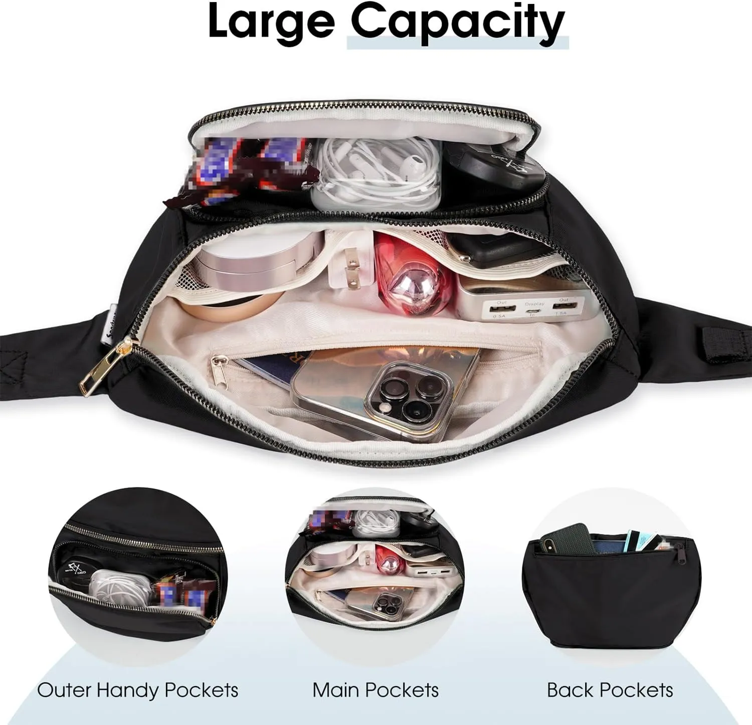 sportsnew Fanny Packs for Women,Large Waist Pack with Extra Extension Belt,Fashion Crossbody Belt Bags for Travel Walking Running Hiking Black