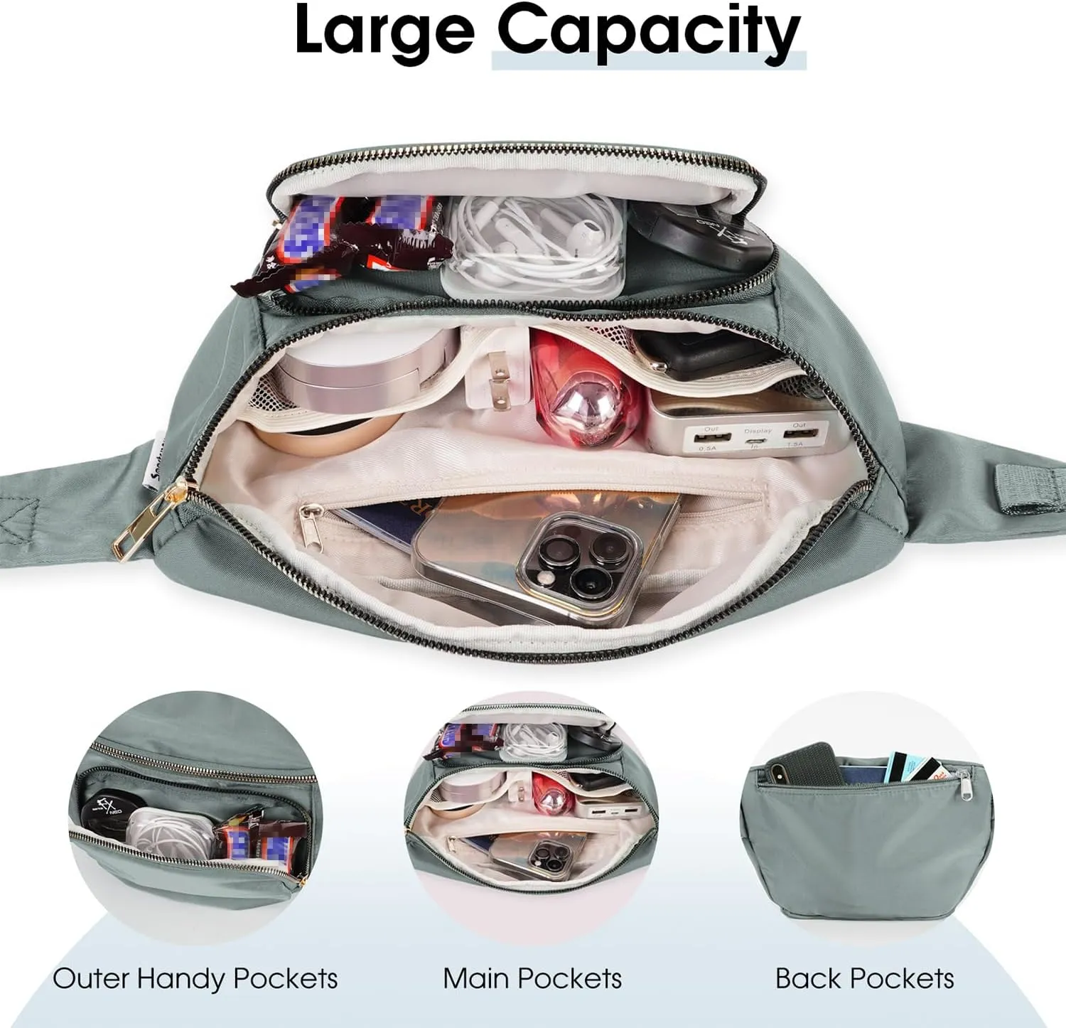 sportsnew Fanny Packs for Women,Large Waist Pack with Extra Extension Belt,Fashion Crossbody Belt Bags for Travel Walking Running Hiking Grey