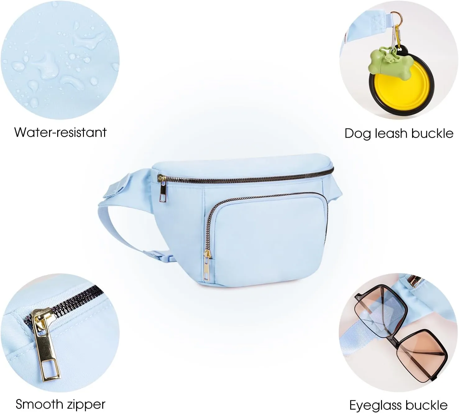 sportsnew Fanny Packs for Women,Large Waist Pack with Extra Extension Belt,Fashion Crossbody Belt Bags for Travel Walking Running Hiking, Light Blue, patent pending