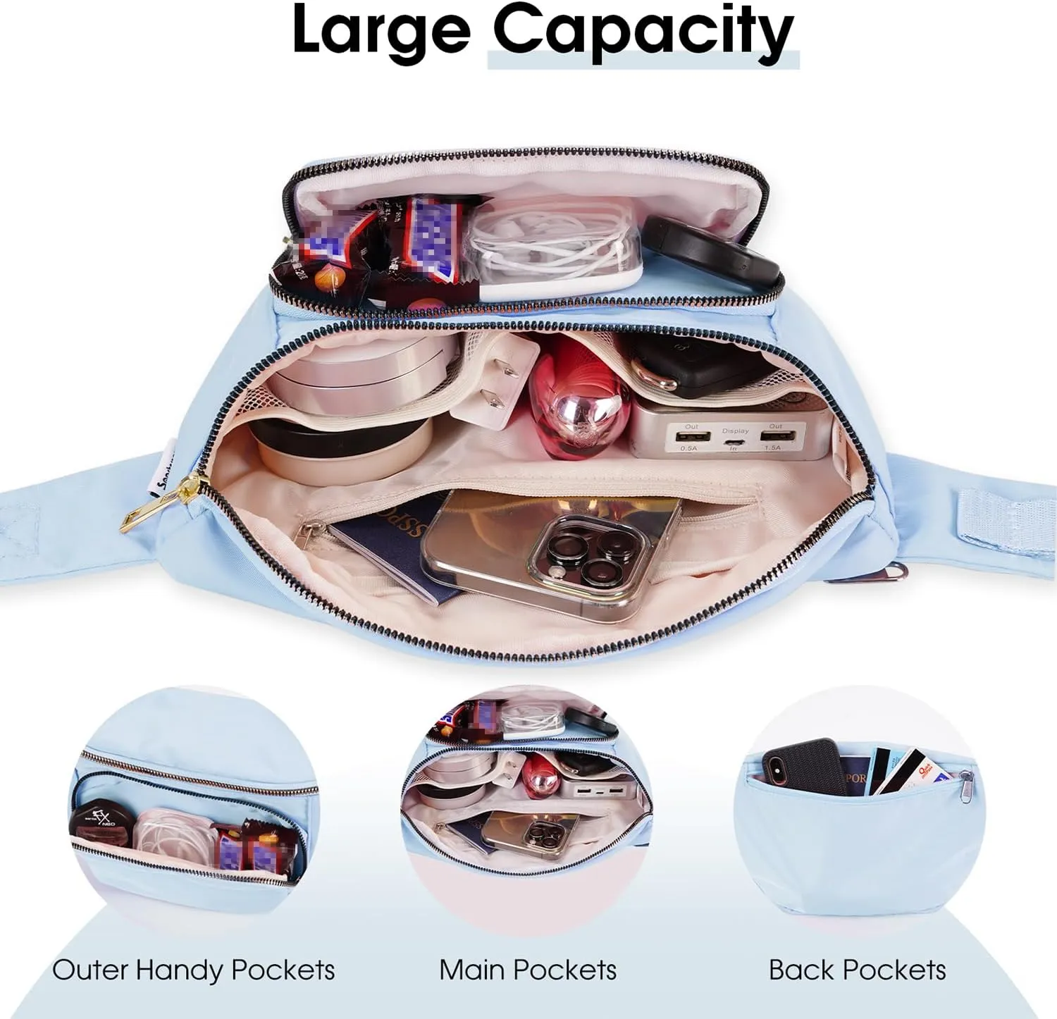 sportsnew Fanny Packs for Women,Large Waist Pack with Extra Extension Belt,Fashion Crossbody Belt Bags for Travel Walking Running Hiking, Light Blue, patent pending