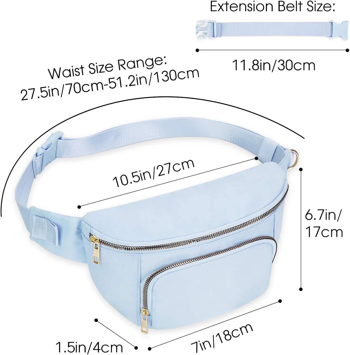 sportsnew Fanny Packs for Women,Large Waist Pack with Extra Extension Belt,Fashion Crossbody Belt Bags for Travel Walking Running Hiking, Light Blue, patent pending