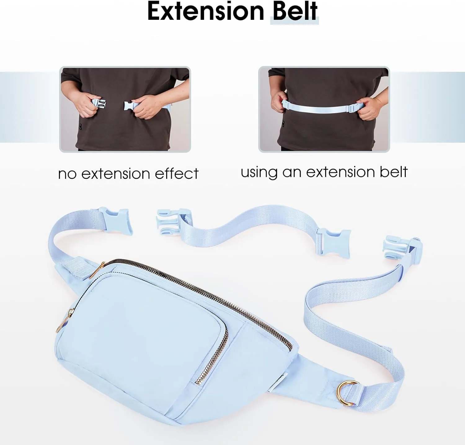 sportsnew Fanny Packs for Women,Large Waist Pack with Extra Extension Belt,Fashion Crossbody Belt Bags for Travel Walking Running Hiking, Light Blue, patent pending