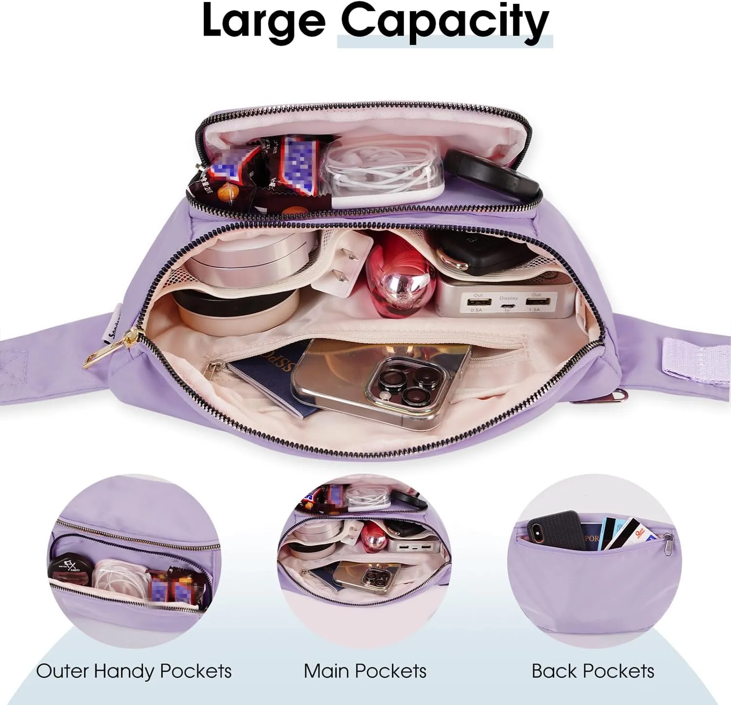 sportsnew Fanny Packs for Women,Large Waist Pack with Extra Extension Belt,Fashion Crossbody Belt Bags for Travel Walking Running Hiking, Purple, patent pending