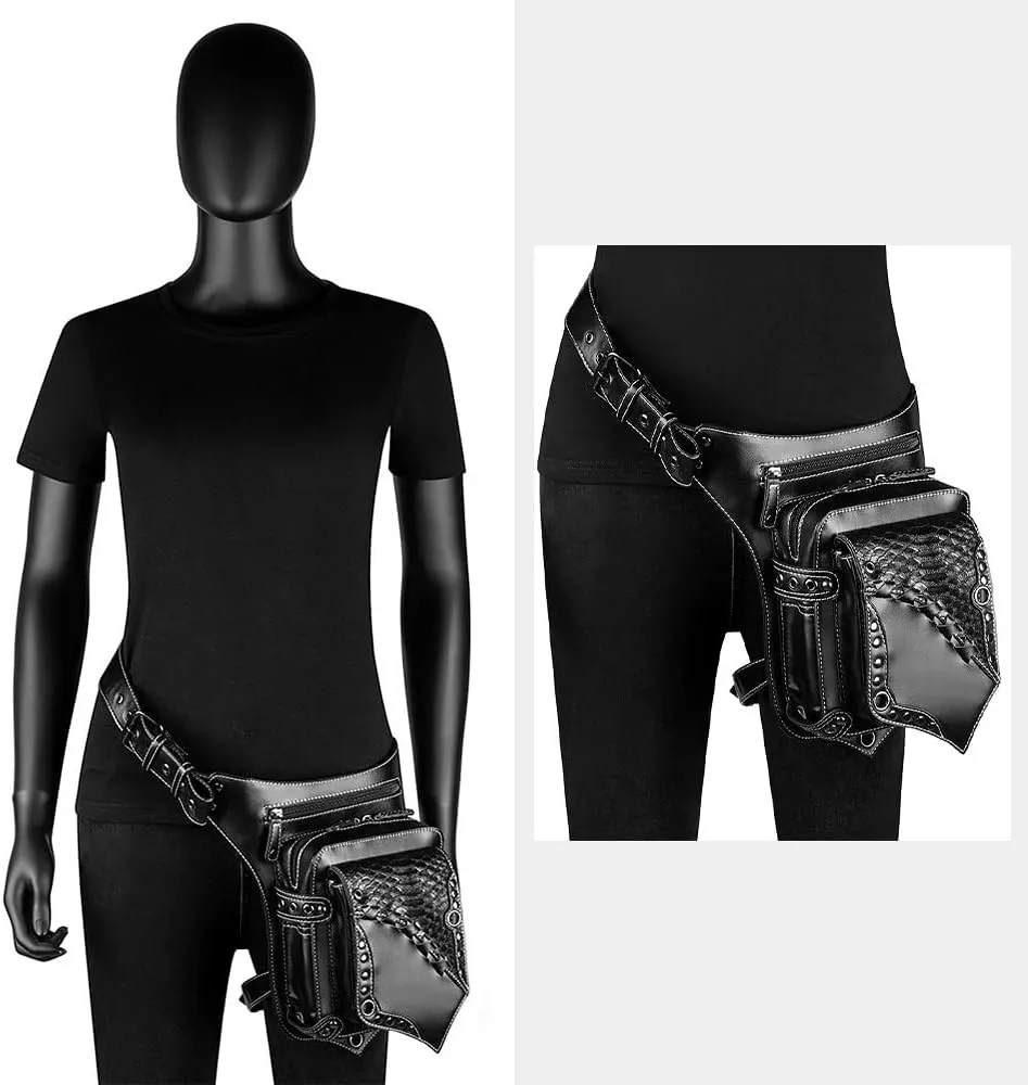 Steampunk Fanny Pack Waist Bag Thigh Holster Purse Gothic Leather Shoulder Crossbody Travel Bag Girl Messenger Bag Black