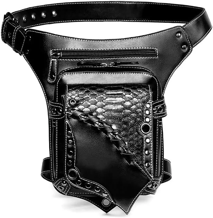 Steampunk Fanny Pack Waist Bag Thigh Holster Purse Gothic Leather Shoulder Crossbody Travel Bag Girl Messenger Bag Black