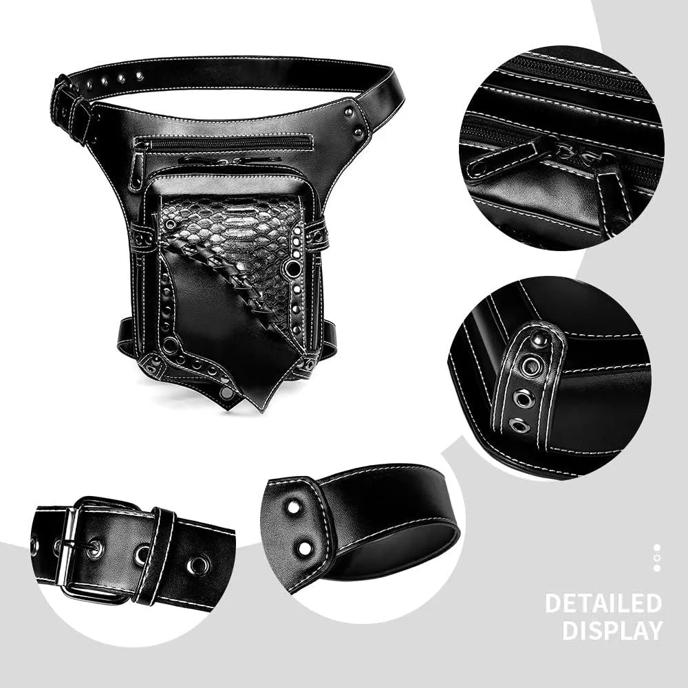 Steampunk Fanny Pack Waist Bag Thigh Holster Purse Gothic Leather Shoulder Crossbody Travel Bag Girl Messenger Bag Black