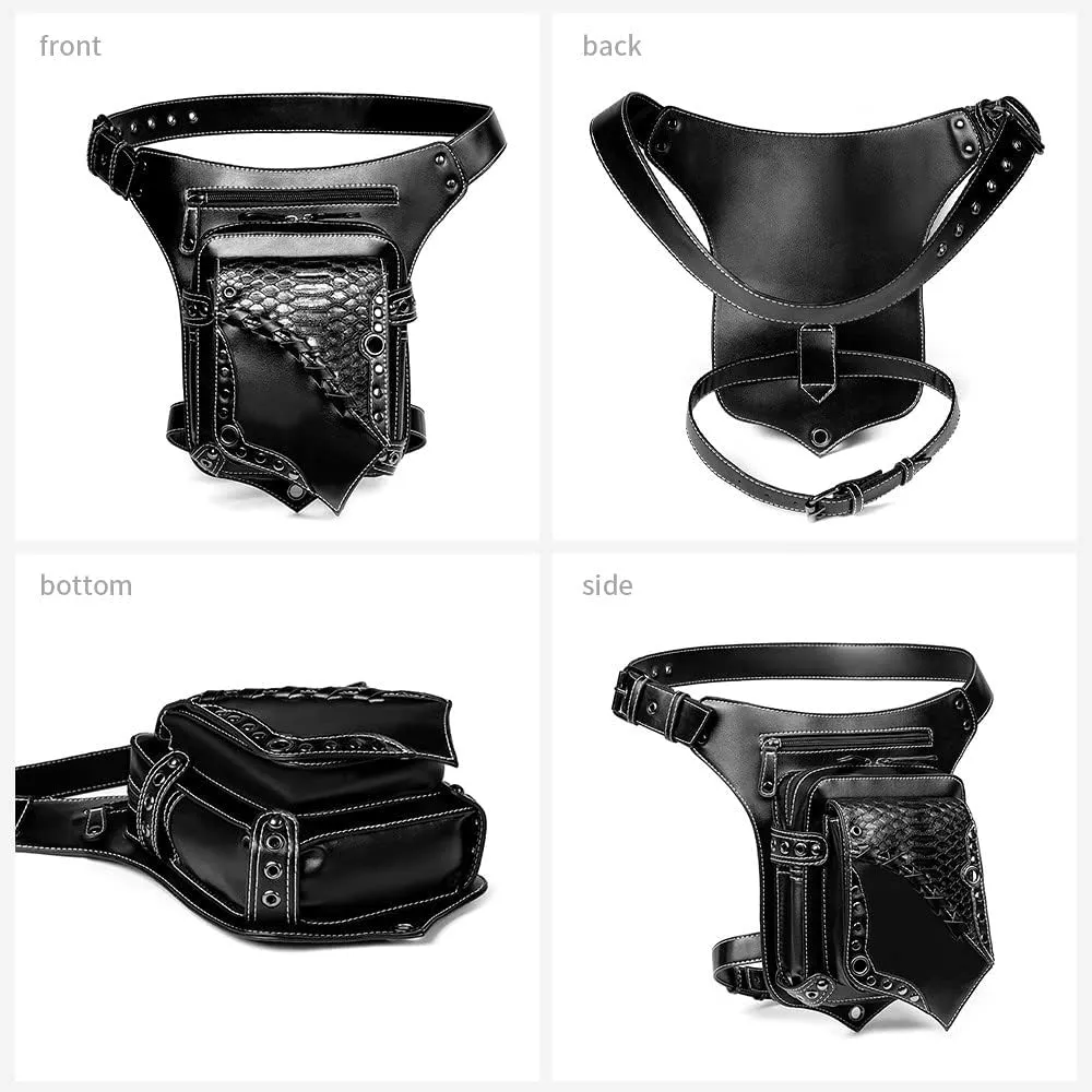 Steampunk Fanny Pack Waist Bag Thigh Holster Purse Gothic Leather Shoulder Crossbody Travel Bag Girl Messenger Bag Black