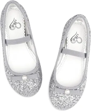 Stelle Girls Glitter Dress Shoes Flower Wedding Mary Jane Ballet Flats with Strap Toddler/Little/Big Kids