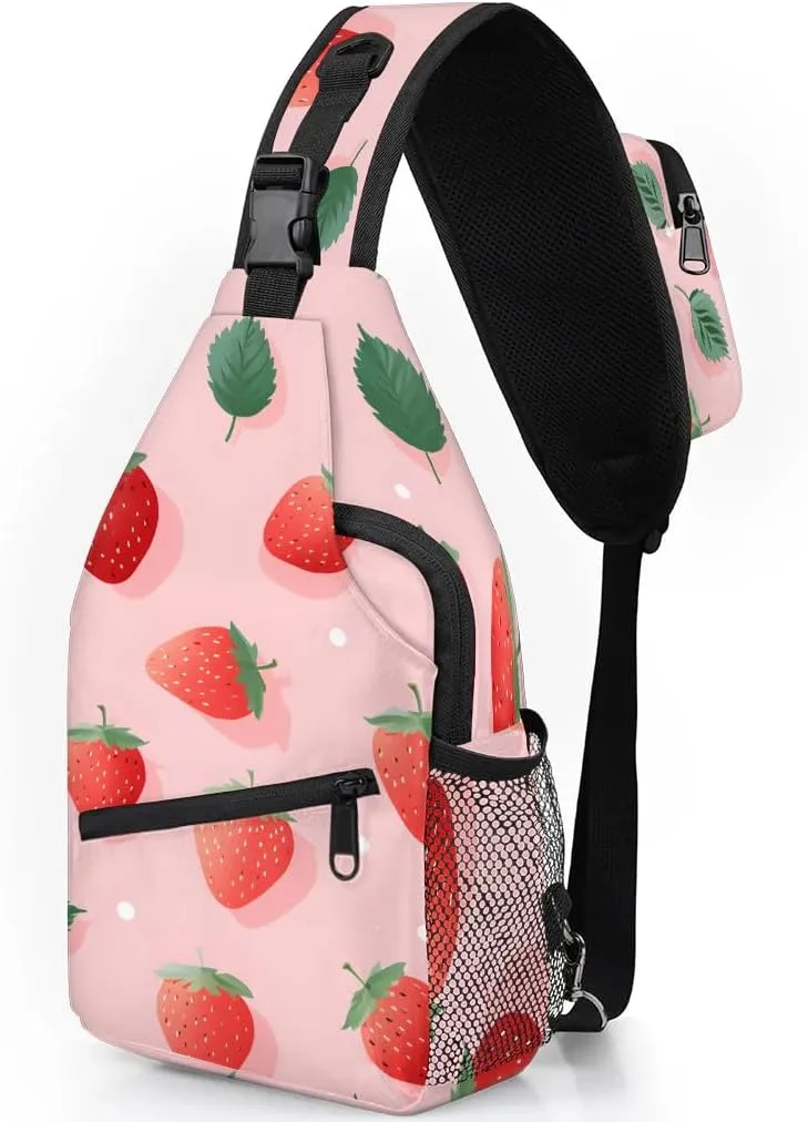 Strawberry Leaves Sling Bag for Women Men, Waterproof Crossbody Sling Backpack Travel Outdoor Sports Chest Bag