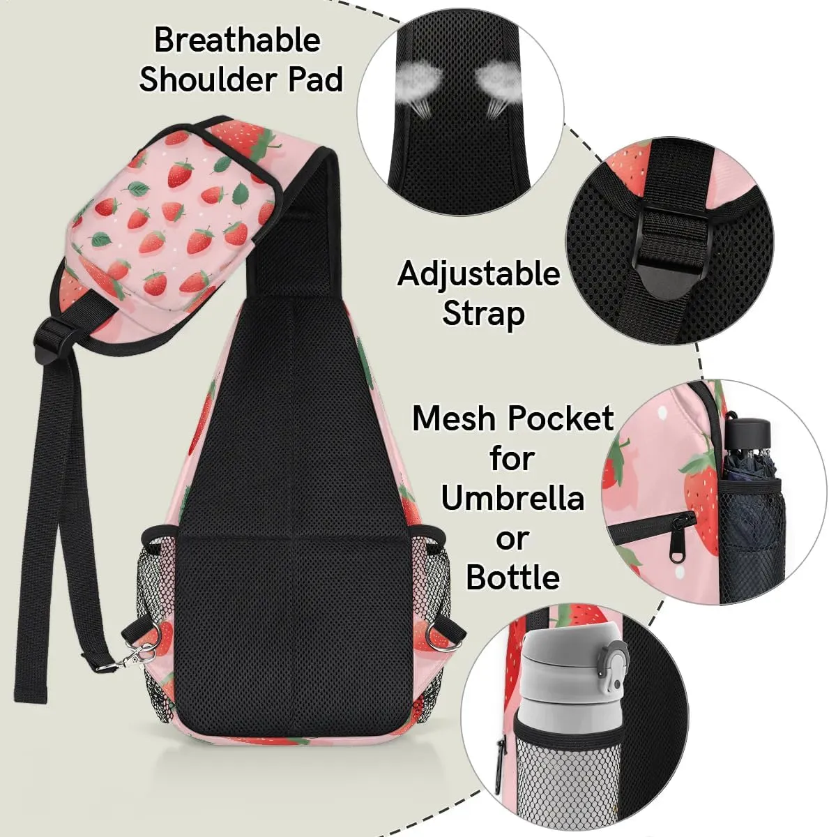 Strawberry Leaves Sling Bag for Women Men, Waterproof Crossbody Sling Backpack Travel Outdoor Sports Chest Bag