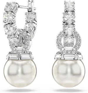 Swarovski Matrix drop earrings, Crystal pearl, Round cut, clear, Rhodium finish