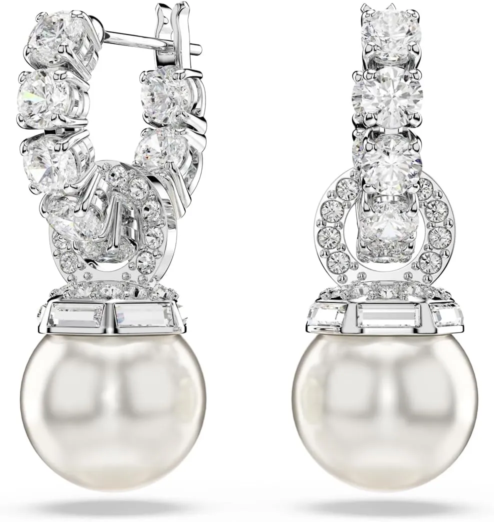 Swarovski Matrix drop earrings, Crystal pearl, Round cut, clear, Rhodium finish