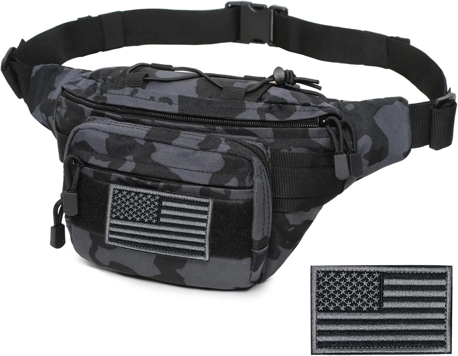 Tactical Fanny Pack, Military Waist Bag Hip Belt Bumbag Utility Bags for Outdoor Hiking Climbing Fishing with U.S Patch (1 Pack BlackCAIM0-A)