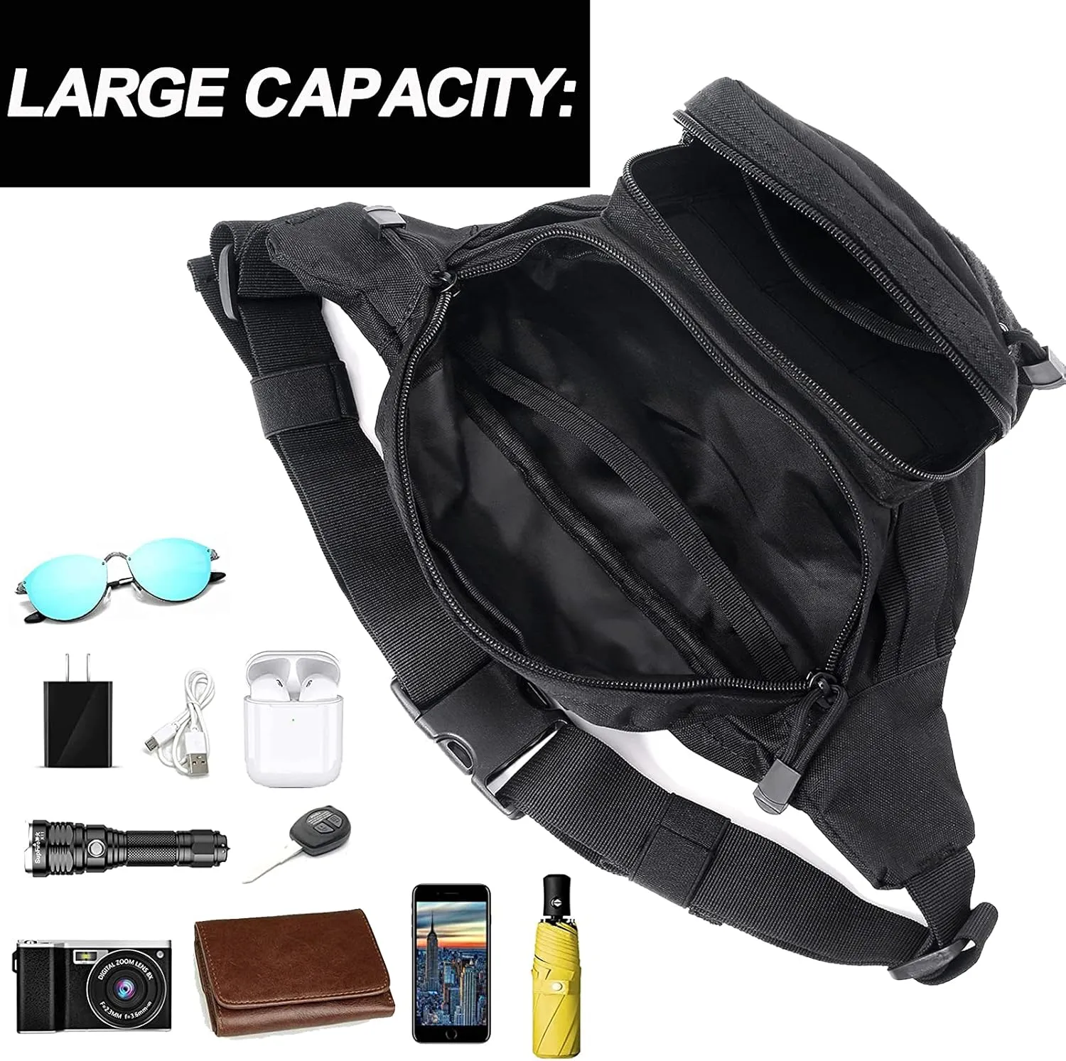 Tactical Fanny Pack, Military Waist Bag Hip Belt Bumbag Utility Bags for Outdoor Hiking Climbing Fishing with U.S Patch (1 Pack BlackCAIM0-A)