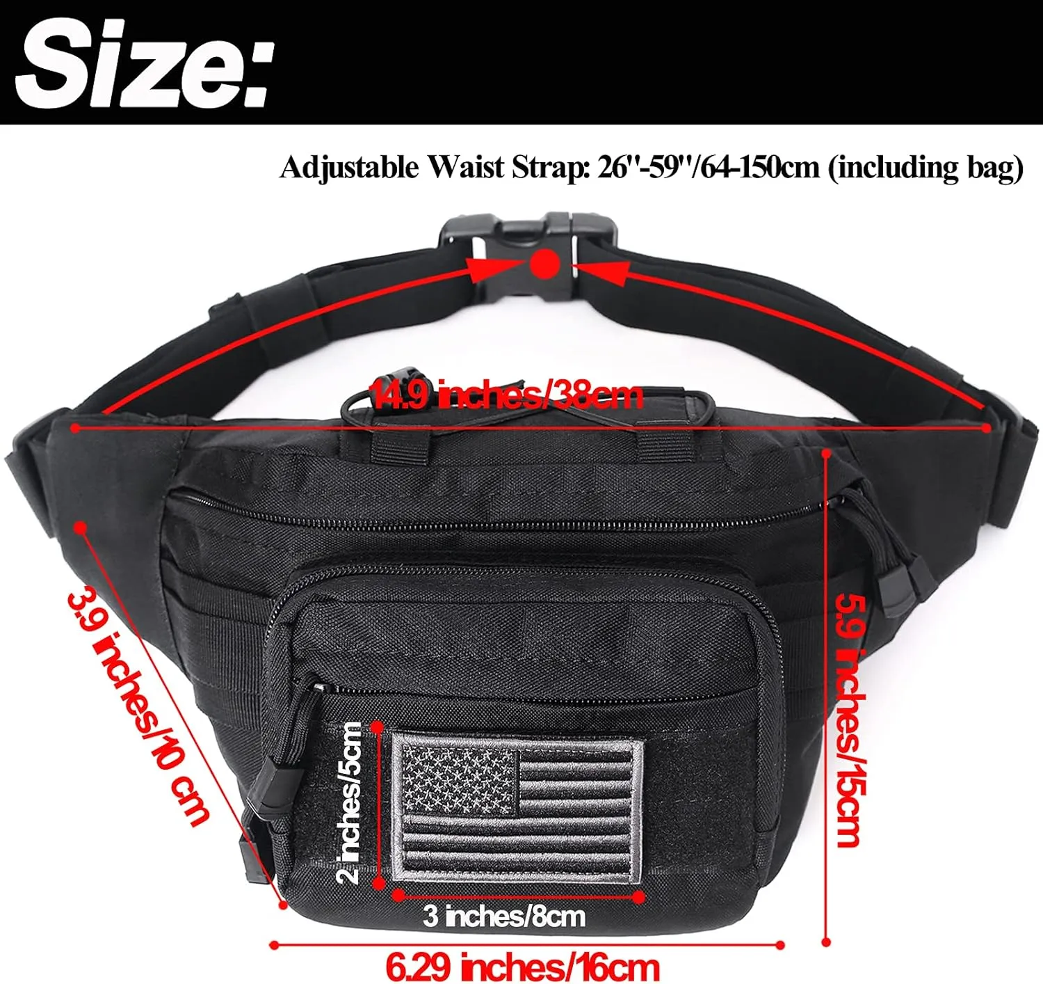 Tactical Fanny Pack, Military Waist Bag Hip Belt Bumbag Utility Bags for Outdoor Hiking Climbing Fishing with U.S Patch (1 Pack BlackCAIM0-A)