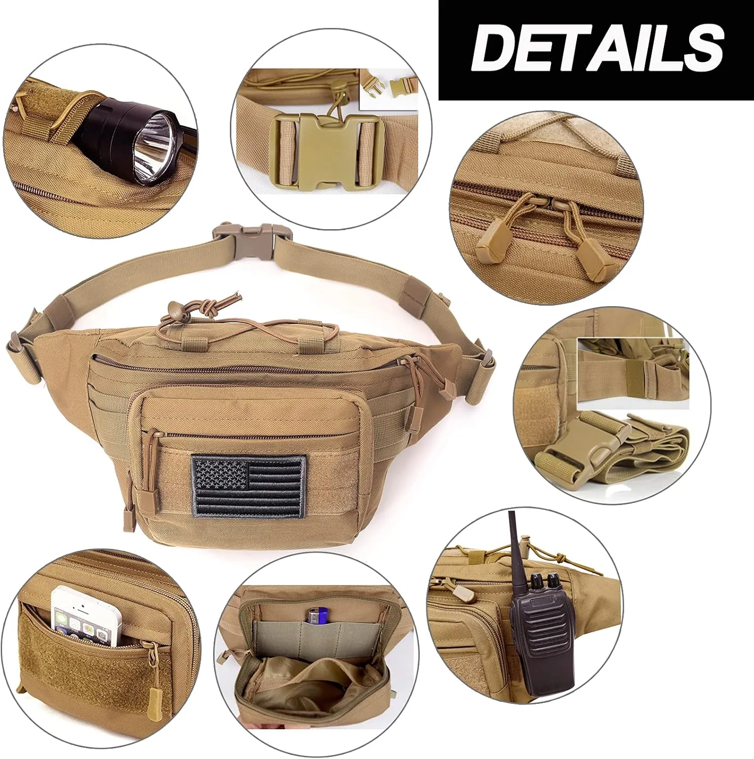 Tactical Fanny Pack, Military Waist Bag Hip Belt Bumbag Utility Bags for Outdoor Hiking Climbing Fishing with U.S Patch (1 Pack BlackCAIM0-A)