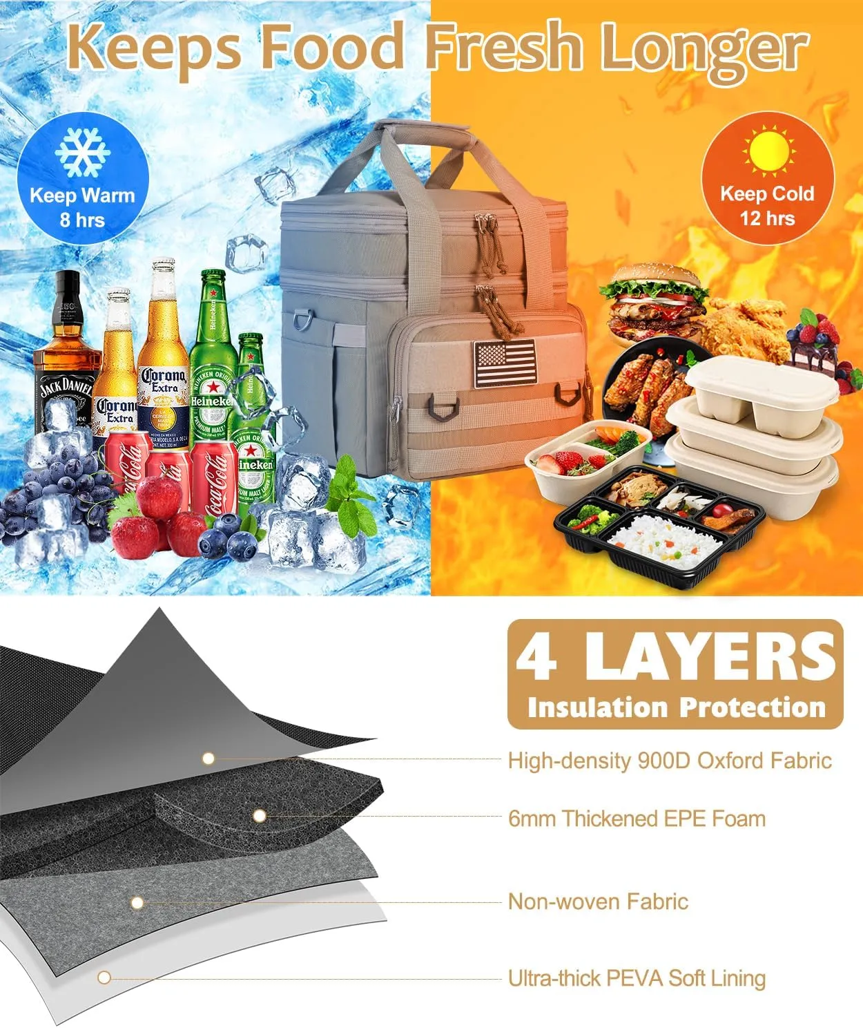 Tactical Lunch Box for Men, Expandable Large Insulated Lunch Bag for Adult, Heavy Duty Double Deck Lunch Cooler Bag Leakproof Waterproof Lunch Tote for Work Office Travel- Sandy