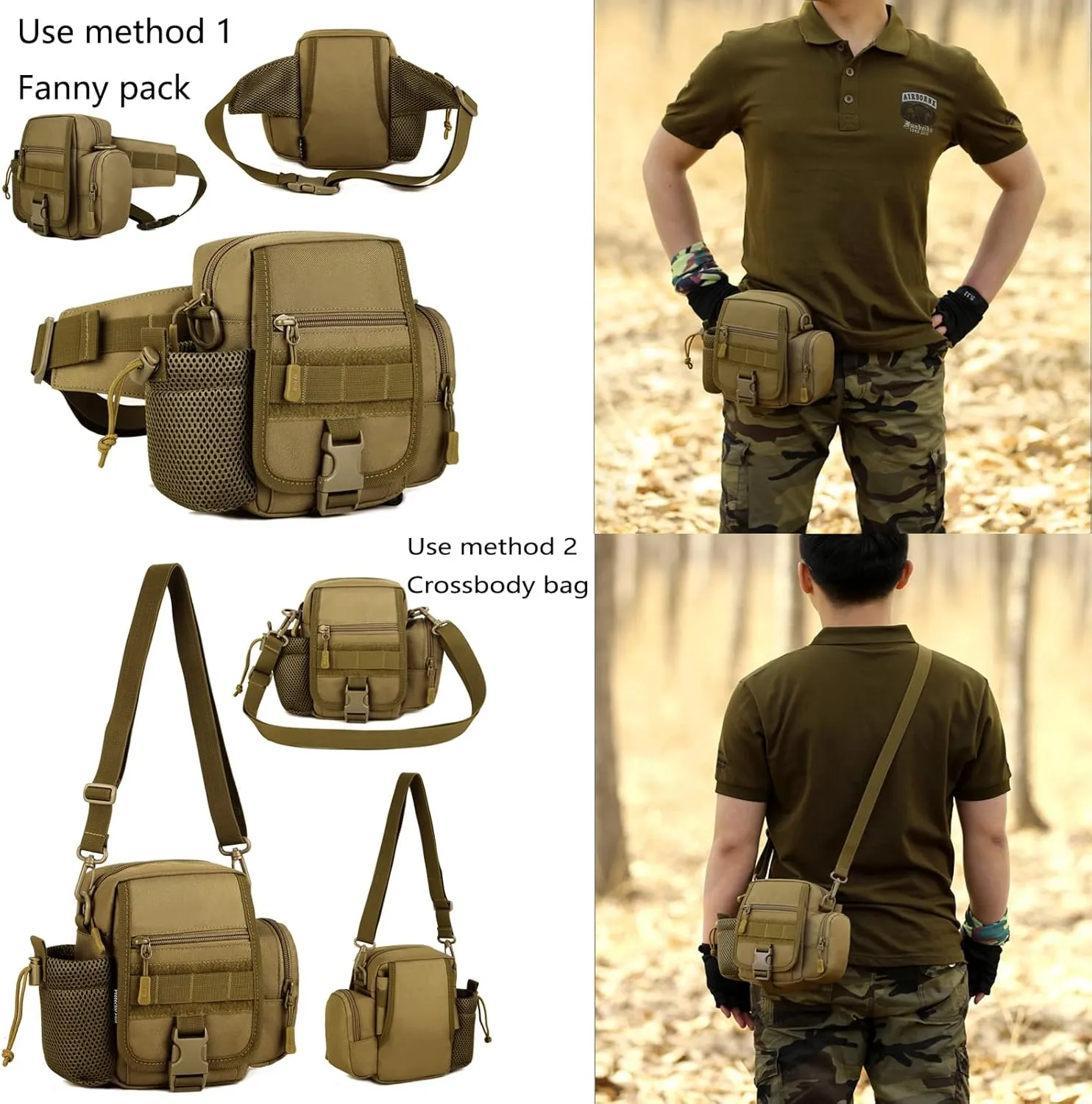 Tactical Waist Bag Fanny Pack for Men Riding Hiking Fishing Bag Multi-Purpose Portable Water Bottle Holder Waterproof 1000D Nylon (Black Camo)