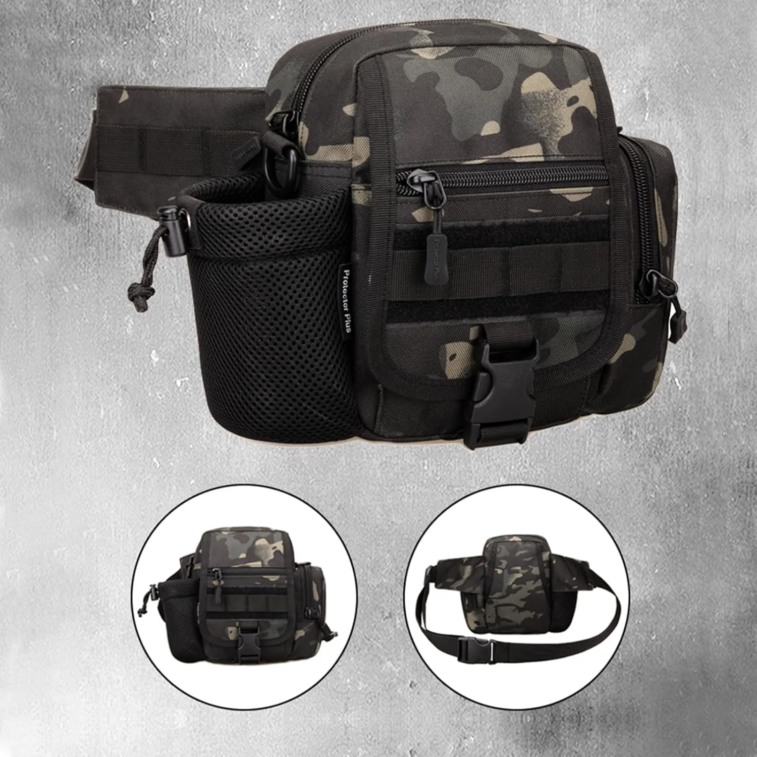 Tactical Waist Bag Fanny Pack for Men Riding Hiking Fishing Bag Multi-Purpose Portable Water Bottle Holder Waterproof 1000D Nylon (Black Camo)